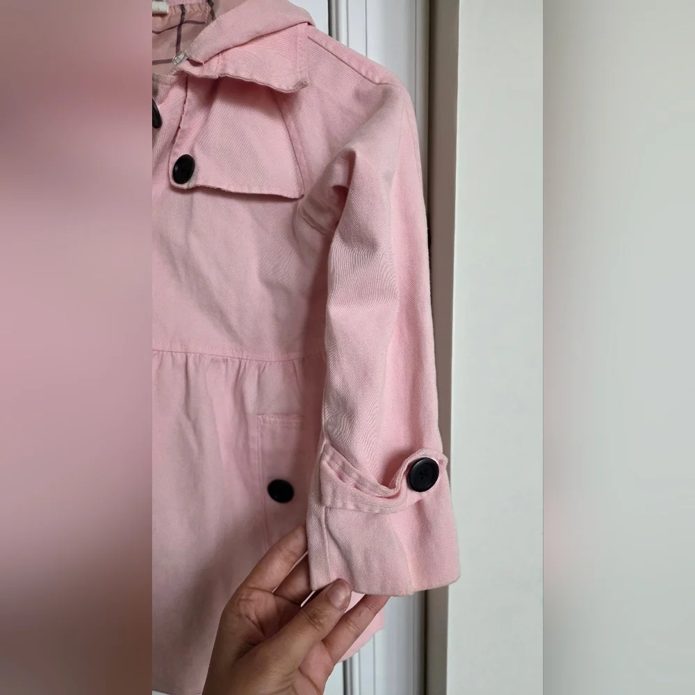Girls Pink Hooded Coat Plaid Lined Button Front Jacket